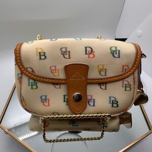 Dooney & Bourke Vintage Multicolor Monogram Wristlet with natural Leather Trim